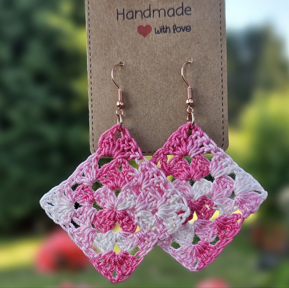 Pink Granny Square earrings.